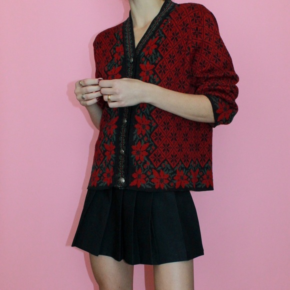 VTG 90s Red/Black Nordic Style Holiday Button-Up Cardigan Sweater Size Small - Picture 4 of 10